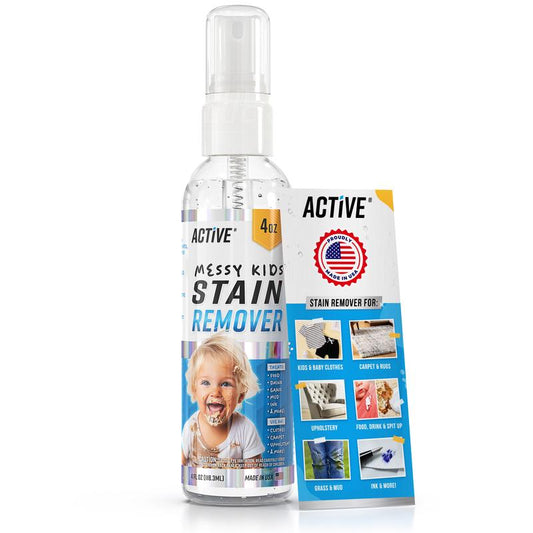 Say goodbye to stubborn stains with ACTIVE Messy Kids Stain Remover Spray! Perfect for baby clothes and toddler outfits, this natural stain fighter tackles food and oil messes effortlessly. Ideal for on-the-go parents! 🌟👶✨ #StainRemover #ParentingHacks #TravelEssentials